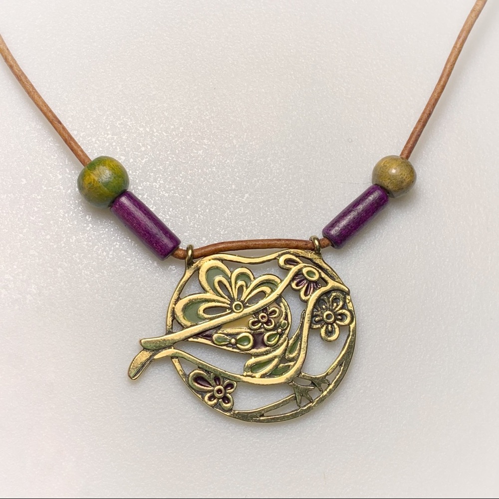 Brass Songbird & Wooden Beads Pendant Necklace